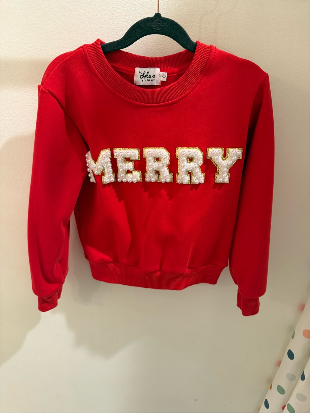 Lola + The Boys Red "MERRY" Pearl-Embellished Sweatshirt